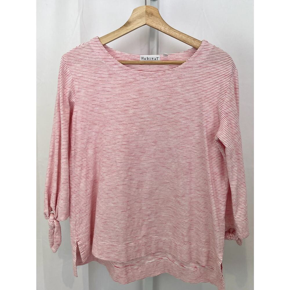 HABITAT Size XS Striped 3/4 Tie Sleeve Top Cotton Knit Shirt Pink White